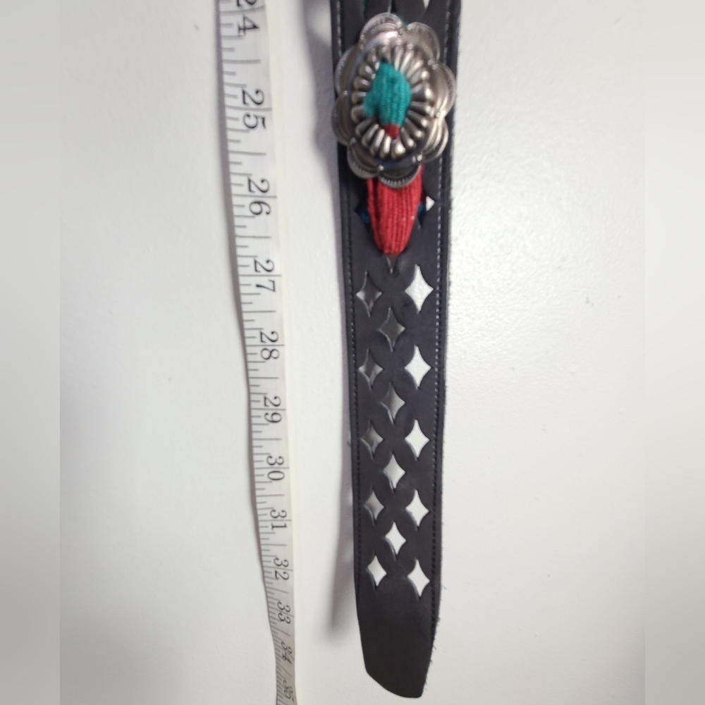 Vintage Charcoal Gray Western Leather Serape Silver-Tone Stamped Concho Belt M - Picture 15 of 16